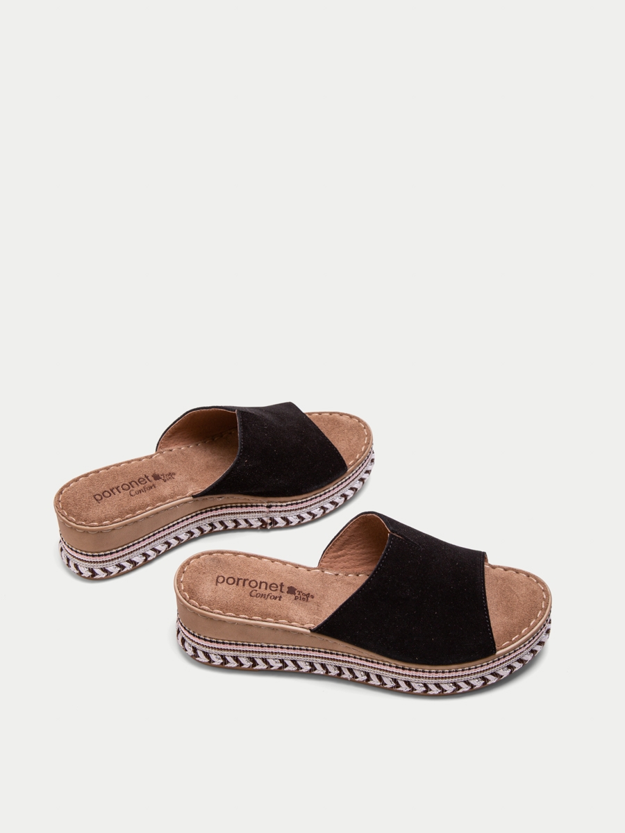 BLACK SLIPON STYLE SANDALS WITH EMBROIDERED SOLE