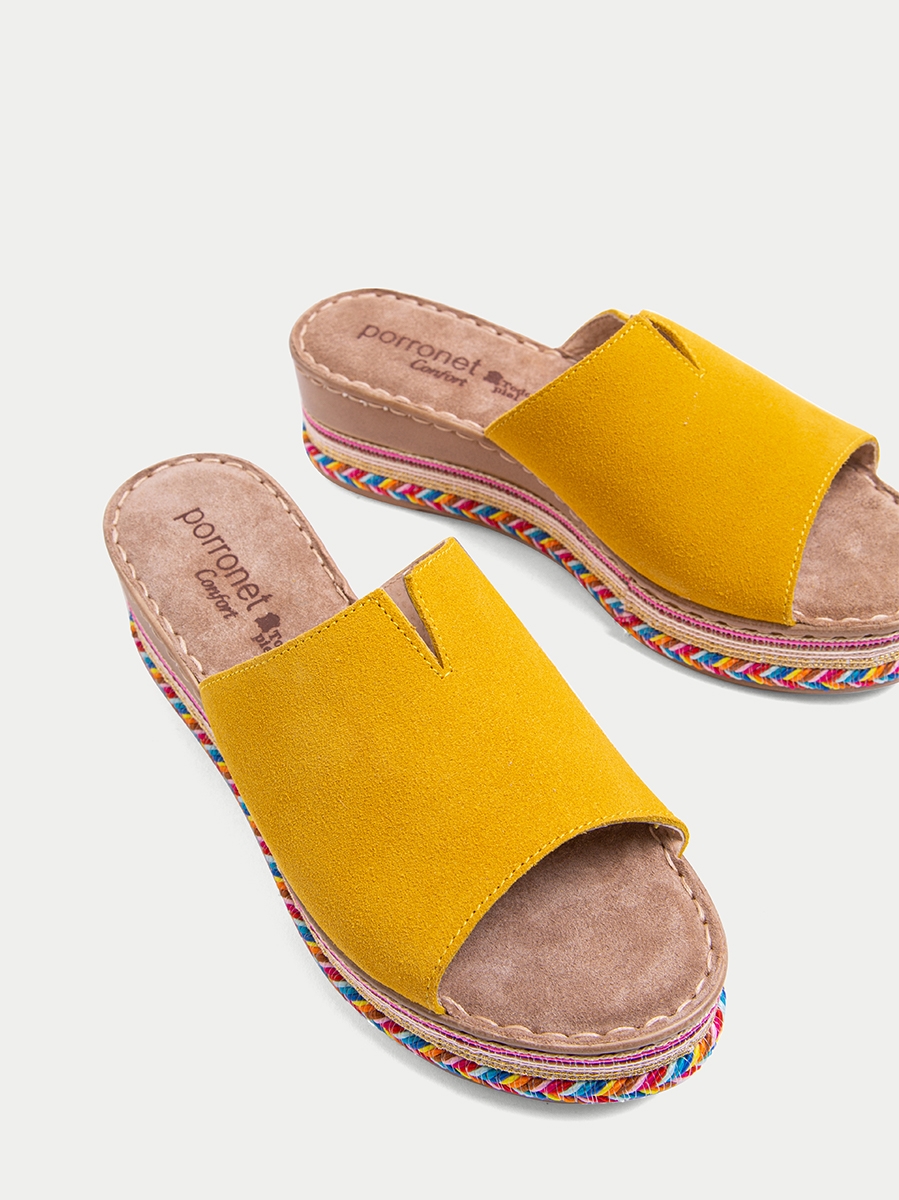 MUSTARD SLIP  ON STYLE SANDALS  WITH COLORFUL EMBROIDERED 